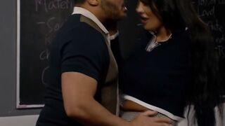 Busty Brunette Trans Teacher Gives a Blowjob for Better Grades