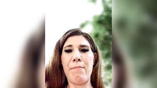 Blonde Shemale in Orange Dress Masturbates with Pink Dildo Outdoors