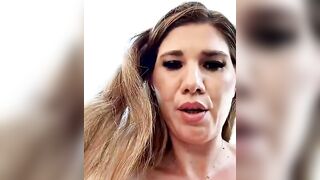Blonde Shemale in Orange Dress Masturbates with Pink Dildo Outdoors