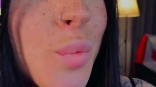 Tattooed Brunette Amateur Flirts on Webcam with Lipstick