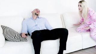 Tiny Jayden Black Wakes Bald Guy on White Couch for Monster Cock Blowjob and Balls Deep Doggystyle