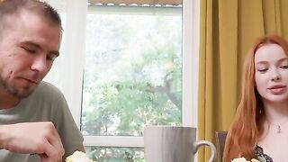 Redhead Gets Rough Cunnilingus on Swing While Daddy Watches