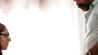 Glasses Girl in White Top Gets Intimate with Older Man on Bed