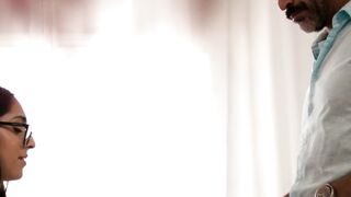 Glasses Girl in White Top Gets Intimate with Older Man on Bed