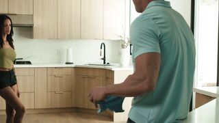 Hot Brunette in Crop Top Teases Older Man in Modern Kitchen