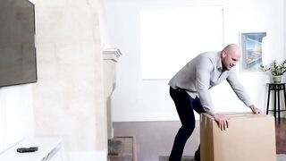 Bald Man in Grey Shirt Sneaks into Living Room with Big Hard Dick