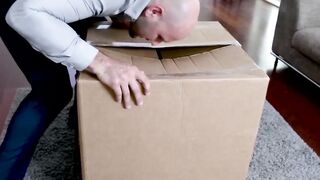 Bald Man in Grey Shirt Sneaks into Living Room with Big Hard Dick