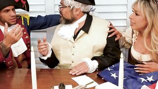 Blonde MILF in Colonial Costume Deepthroats Black Cock Under Flag
