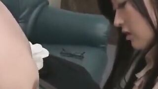 Japanese Secretary Brunette Gives Footjob in Pantyhose