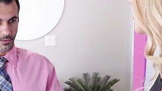 Blonde Fembot Mila Dominates Office Worker Brock with Hard Cock Sucking