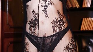 Brunette Striptease in Black Lace Lingerie Small Tits