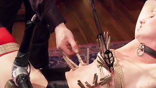Blonde Slave Girl on Cock Machine at Dinner Party with Clothespins