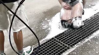 barely legal Guy Gets Cock Washed With Pressure Washer And Foam