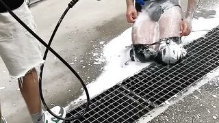 barely legal Guy Gets Cock Washed With Pressure Washer And Foam