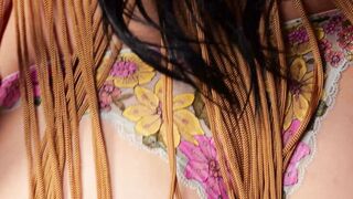 Ebony Teen Malaya Mikos Strips in Fringe Lingerie to Reveal Big Natural Tits