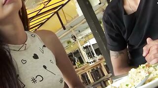 Cute Thai MILF with Dyed Hair Sucks Cock at Restaurant Table