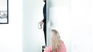 Petite Blonde Kali Roses Sucks Big Cock in Pink Outfit