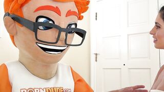 Brunette Indra Gets Fingering, Clit Rub and Big Dick Blowjob from PornDude Mascot