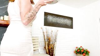 Tattooed MILF Step Mom Deepthroats Hot Dog in Kitchen