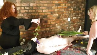 Amazingly Hot Fem Dom Duo Flogs Cheating Sub with Flowers
