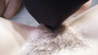 SHE LICKS MY BUSHY TWAT CLOSE-UP, STRETCHED HER LEGS AND