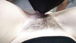 SHE LICKS MY BUSHY TWAT CLOSE-UP, STRETCHED HER LEGS AND