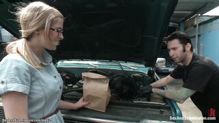 Long dick mechanic fucks tied blonde