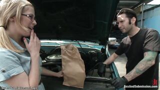 Long dick mechanic fucks tied blonde