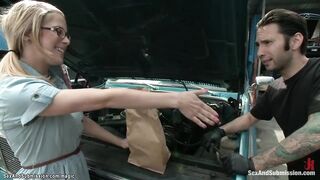 Long dick mechanic fucks tied blonde