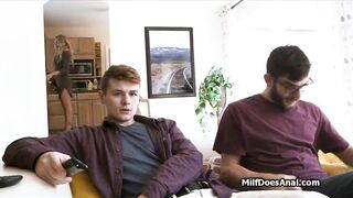 Butt fucking friends big boobed MILF into the kitchen